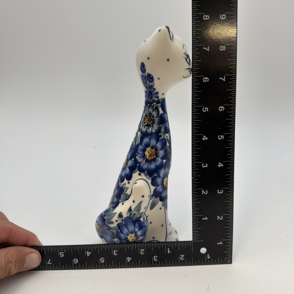 Polish Hand Painted Made in Poland Signed Cat Figurine Ceramic Porcelain Floral